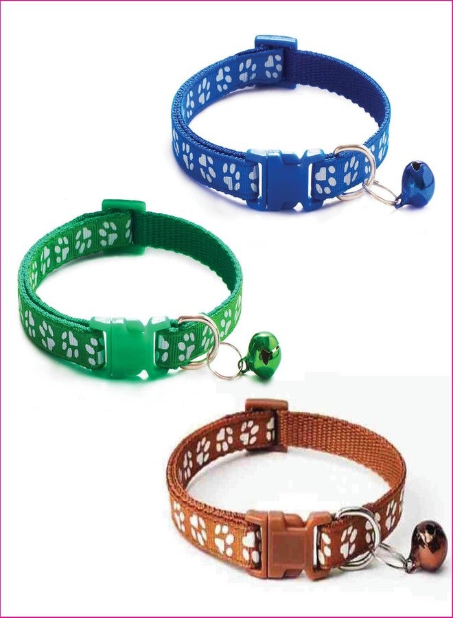 Litvibes Cat Collars Set of 3 with Bell,Kitten & Small Dogs Soft Adjustable Collar Safe,Solid & Protection Breakaway for Cats & Puppies,Cute Kitty Neckband with Paw Print-(Brown,Dark Blue,Dark Green) - Image 1